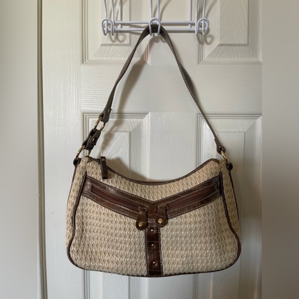 America Beige Woven Handbag With Leather Strap